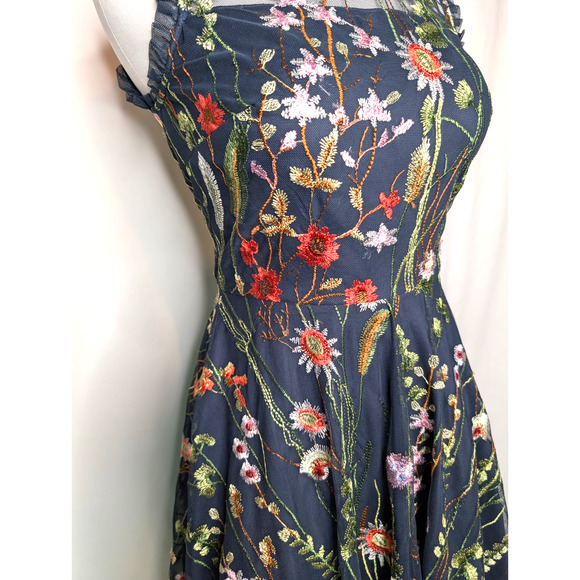 Morgan & Co Navy Lace Floral Embroidered Illusion Garden Fairy Short Formal Gown - Picture 7 of 16